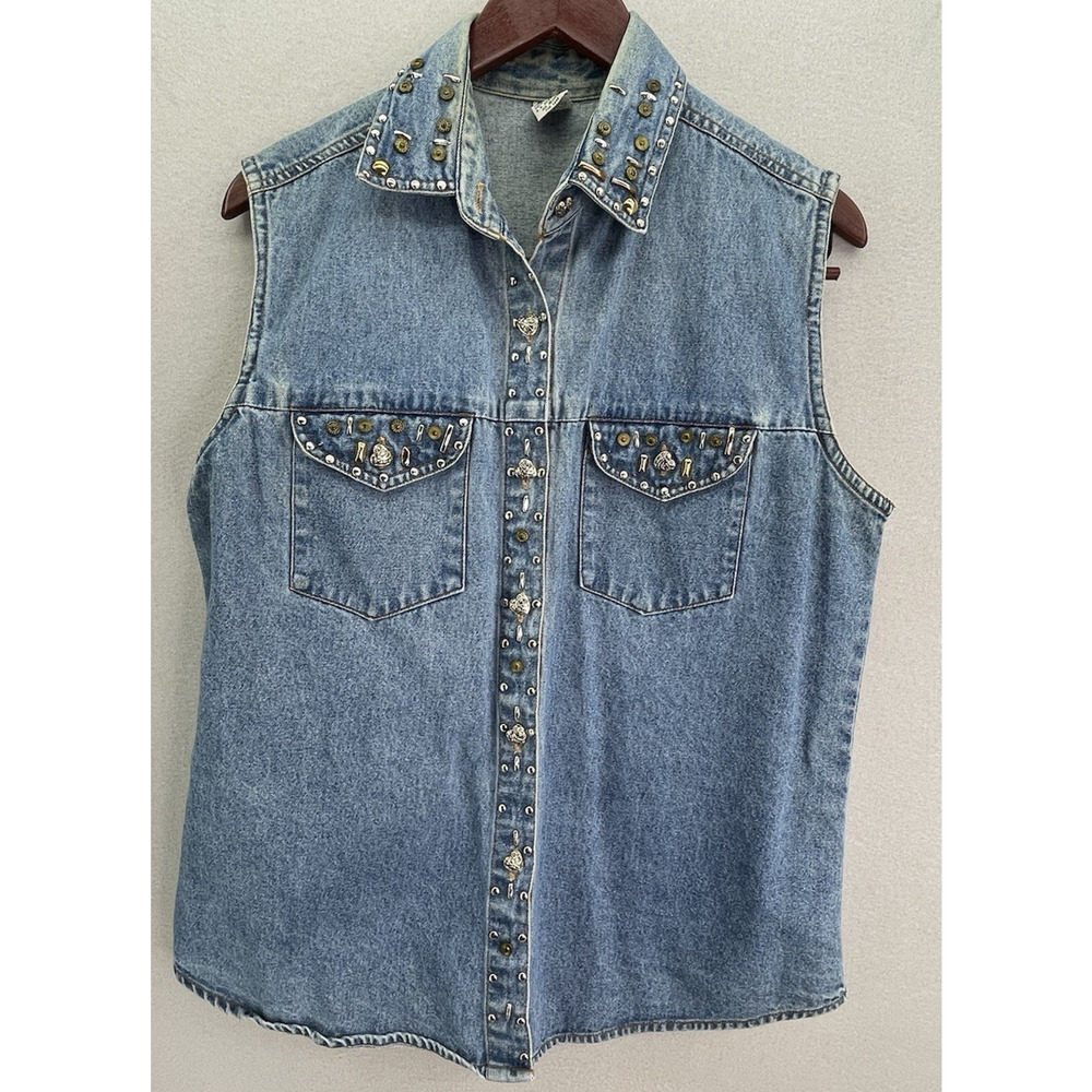 VTG Denim Western Shirt Sleeveless Studded Simply Blues Women’s L Button